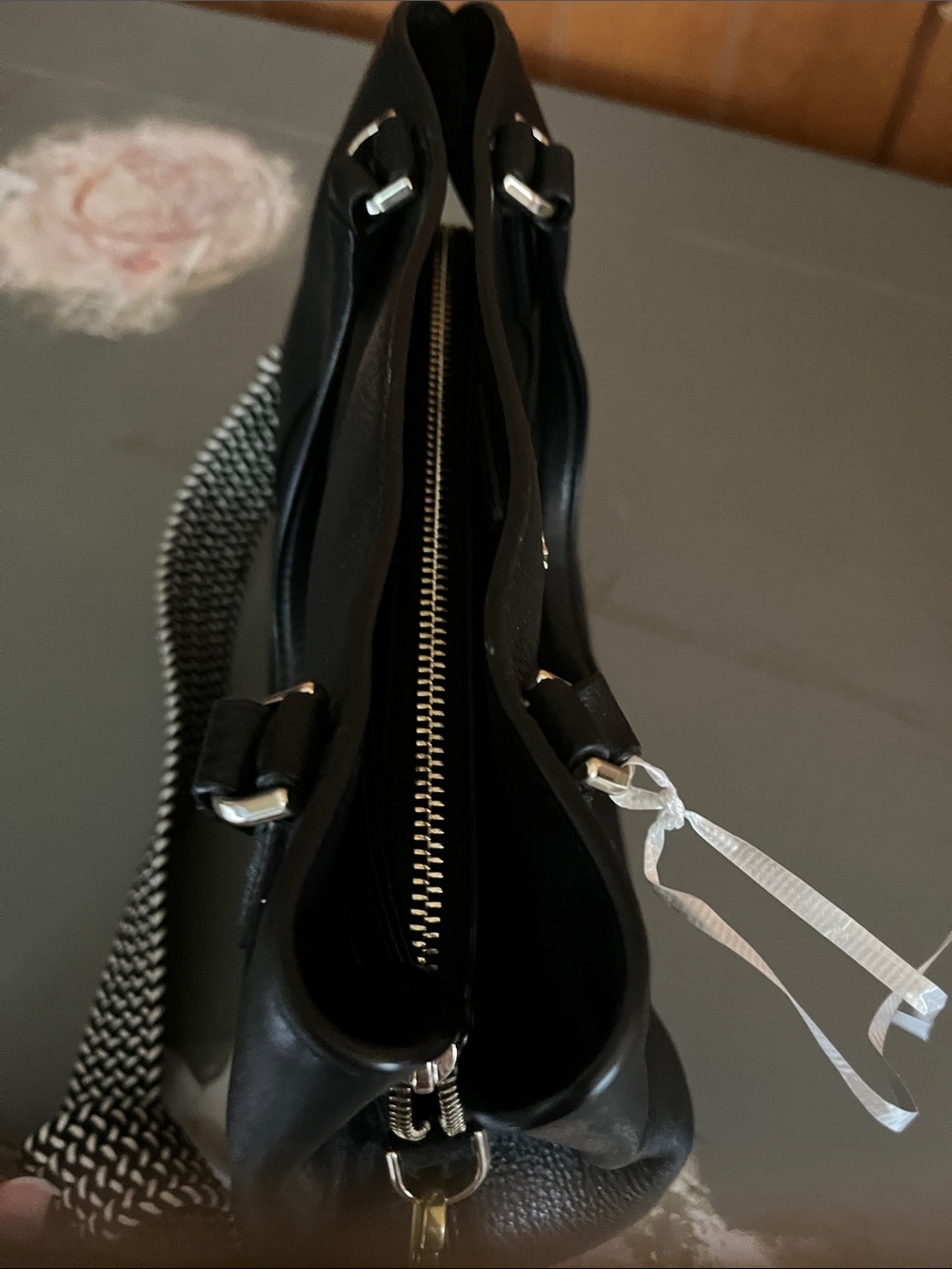 kate spade Black Pebbled Leather Shoulder Bag with Black-and-White Woven Strap - Picture 14 of 16
